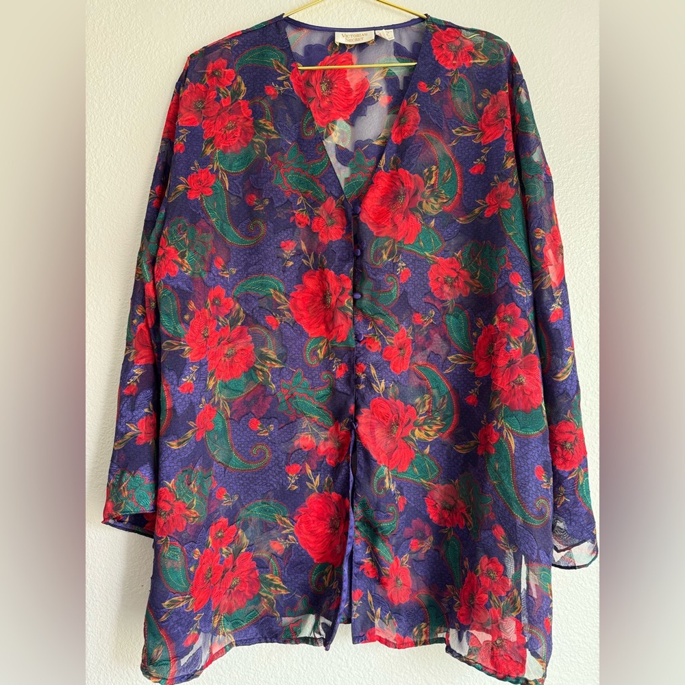 VTG Victoria's Secret Gold Label Floral Button Up Sheer Sleep Shirt Sz: L